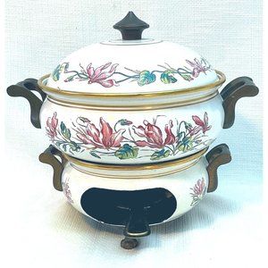 Vintage Fondue Pot With Burner Beautiful Floral Pattern Collectable Enamelware
